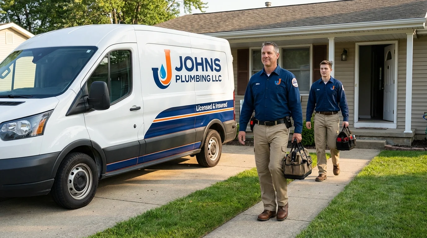 Johns Plumbing LLC branded service van parked in a residential driveway with two licensed plumbers approaching the front door